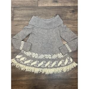 Free People Gray and Cream Knit Fringe Off-Shoulder Sweater